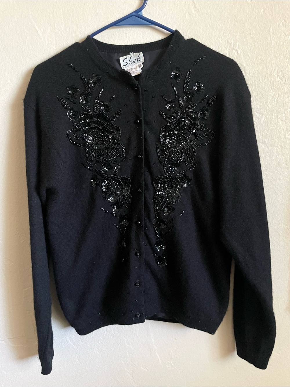 VTG 80s Shek Beaded Black Angora Lambswool Cardigan Sweater Floral Sequin Size M